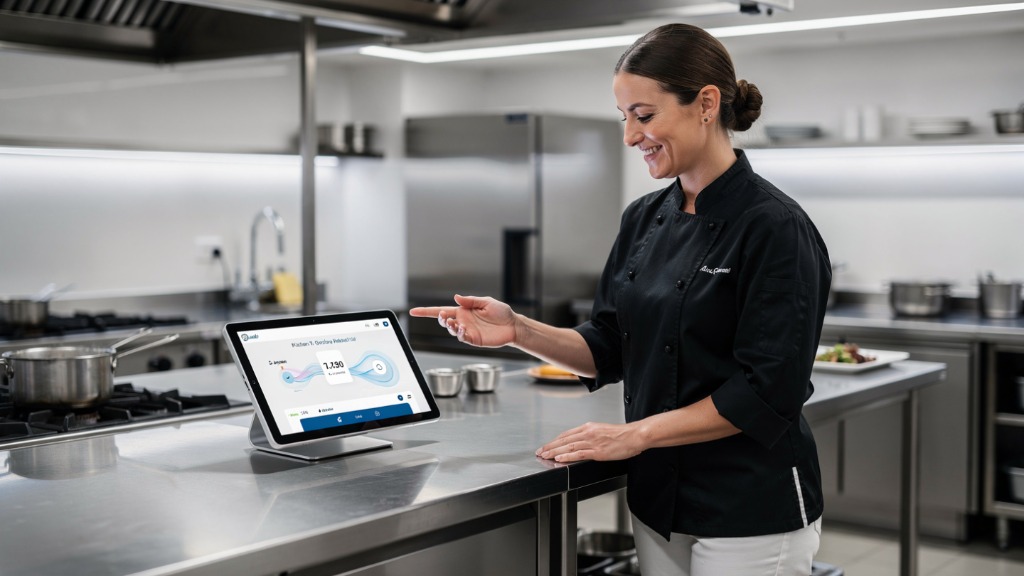 Restaurant owner reviewing business analytics and sales data on a digital dashboard