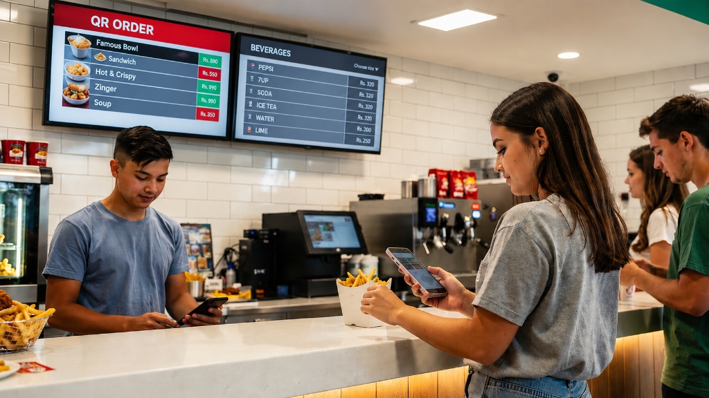 Customers ordering food using a modern QR code system at a fast food counter