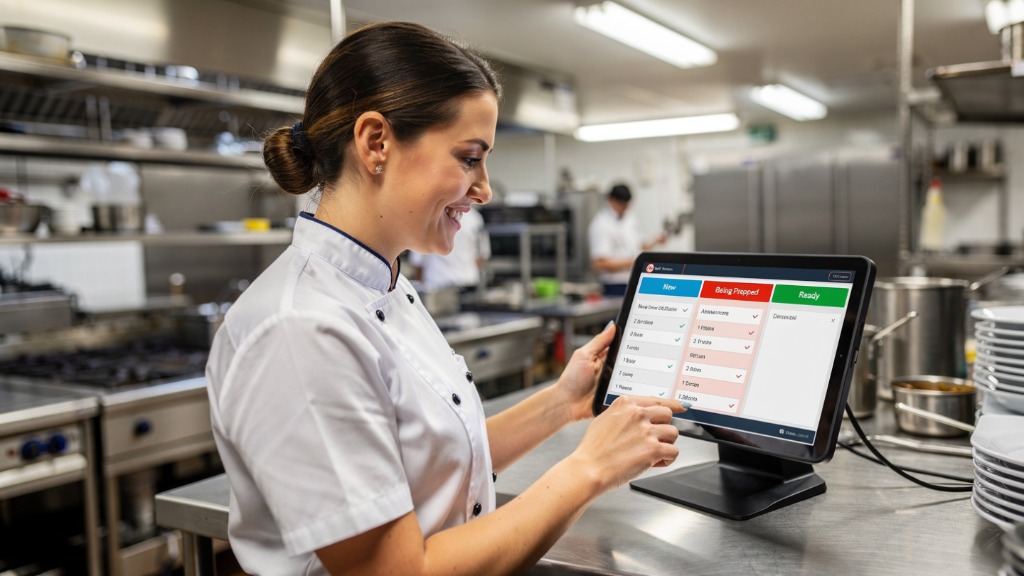 Kitchen staff managing incoming orders on a digital tablet interface