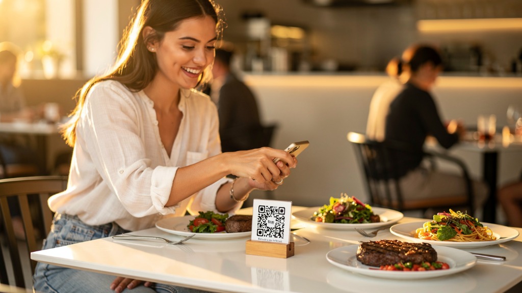 Customer effortlessly scanning a QR code at a restaurant table using her smartphone